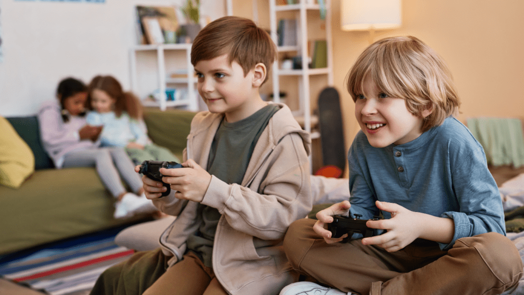 Two kids playing video game together