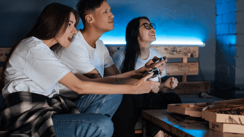 Group of friends playing with their console