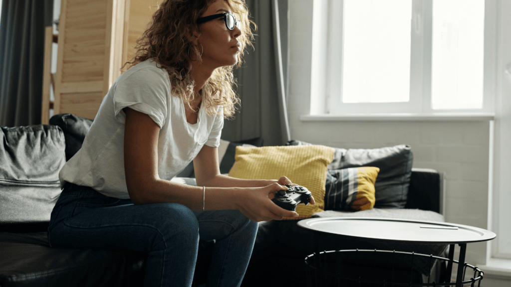 A woman playing using console 