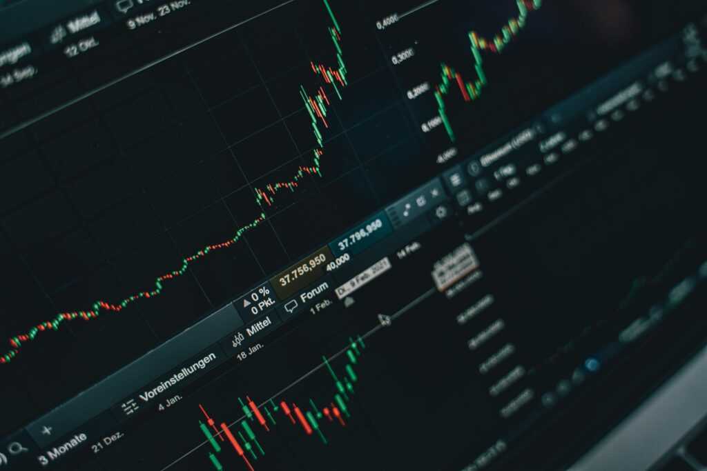 Close-up of stock market trading screen displaying financial growth and charts.